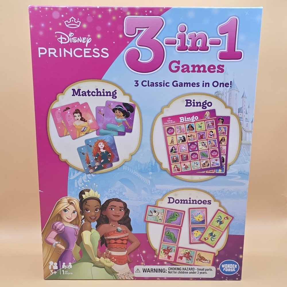 New- Disney Princess 3 In 1 Games Bingo Matching Dominoes Ages 3+